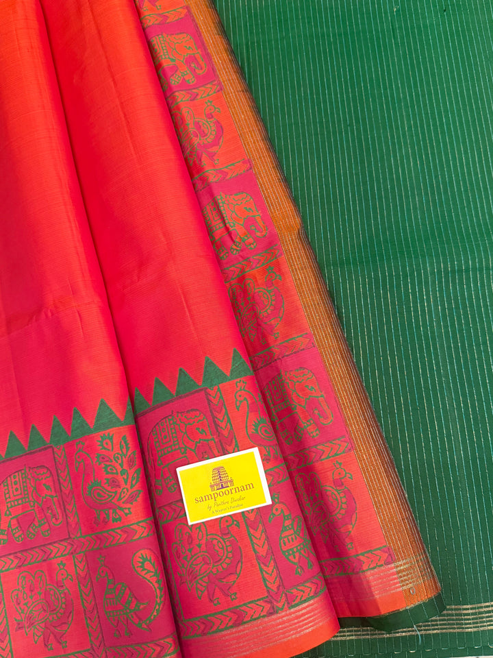 Reddish Orange with Green , annam and elephant Handblock print in the borders , simple zari lines Pallu and Blouse, pure soft silk saree