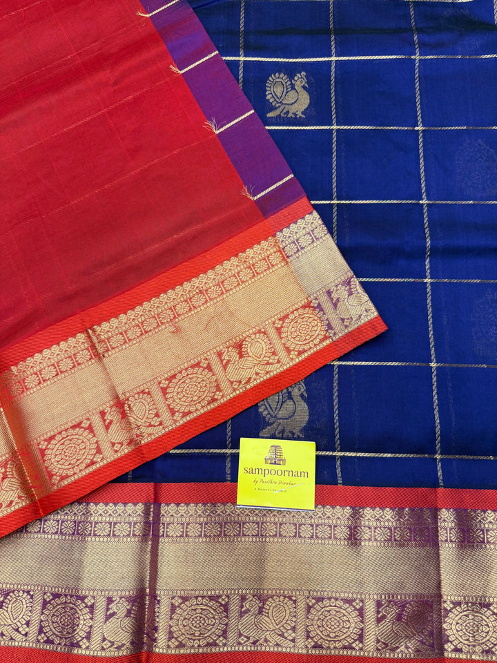 Blue with Red, Mayil and Chakram Butta in the Body, Traditional Borders and Rich Pallu Mayil Chakram Silk Cotton Saree