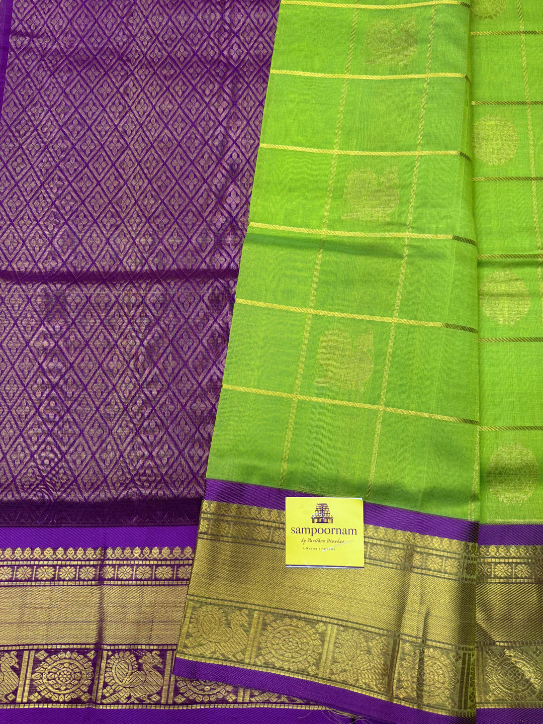 Parrot Green with Purple Mayil and Chakram Butta in the Body, Traditional Borders and Rich Pallu Mayil Chakram Silk Cotton Saree