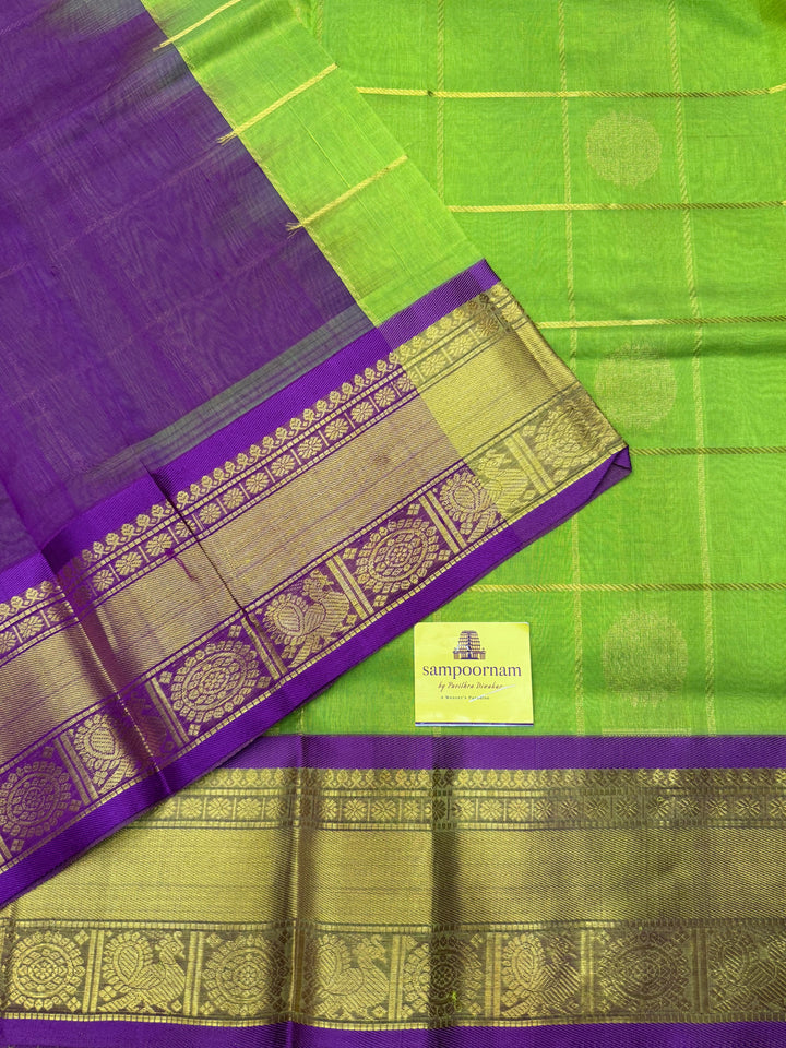 Parrot Green with Purple Mayil and Chakram Butta in the Body, Traditional Borders and Rich Pallu Mayil Chakram Silk Cotton Saree