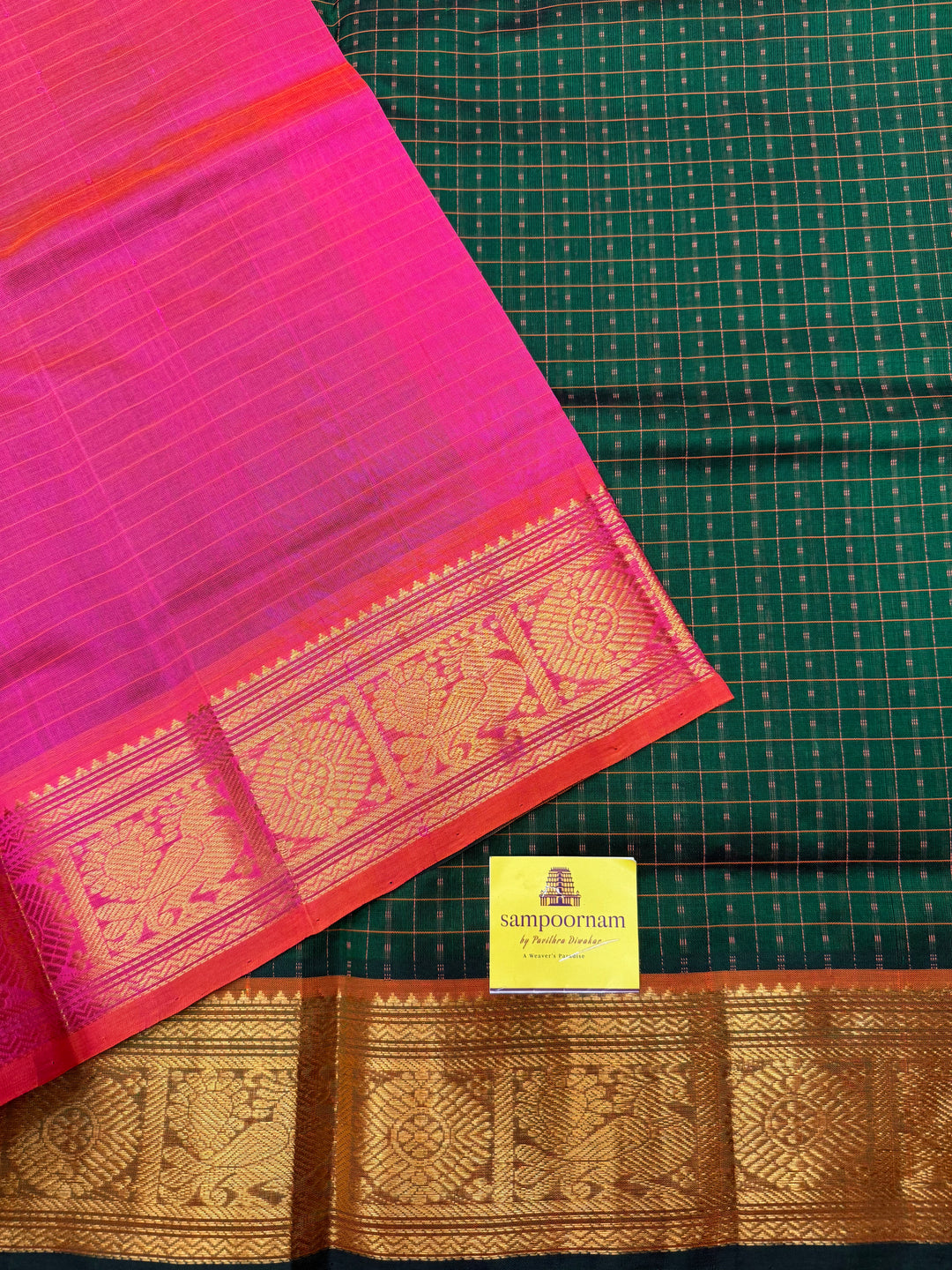 Dark Green with Pink , thread butta in the body , Traditional border and rich Pallu Lakshadeepam Silk Cotton Saree