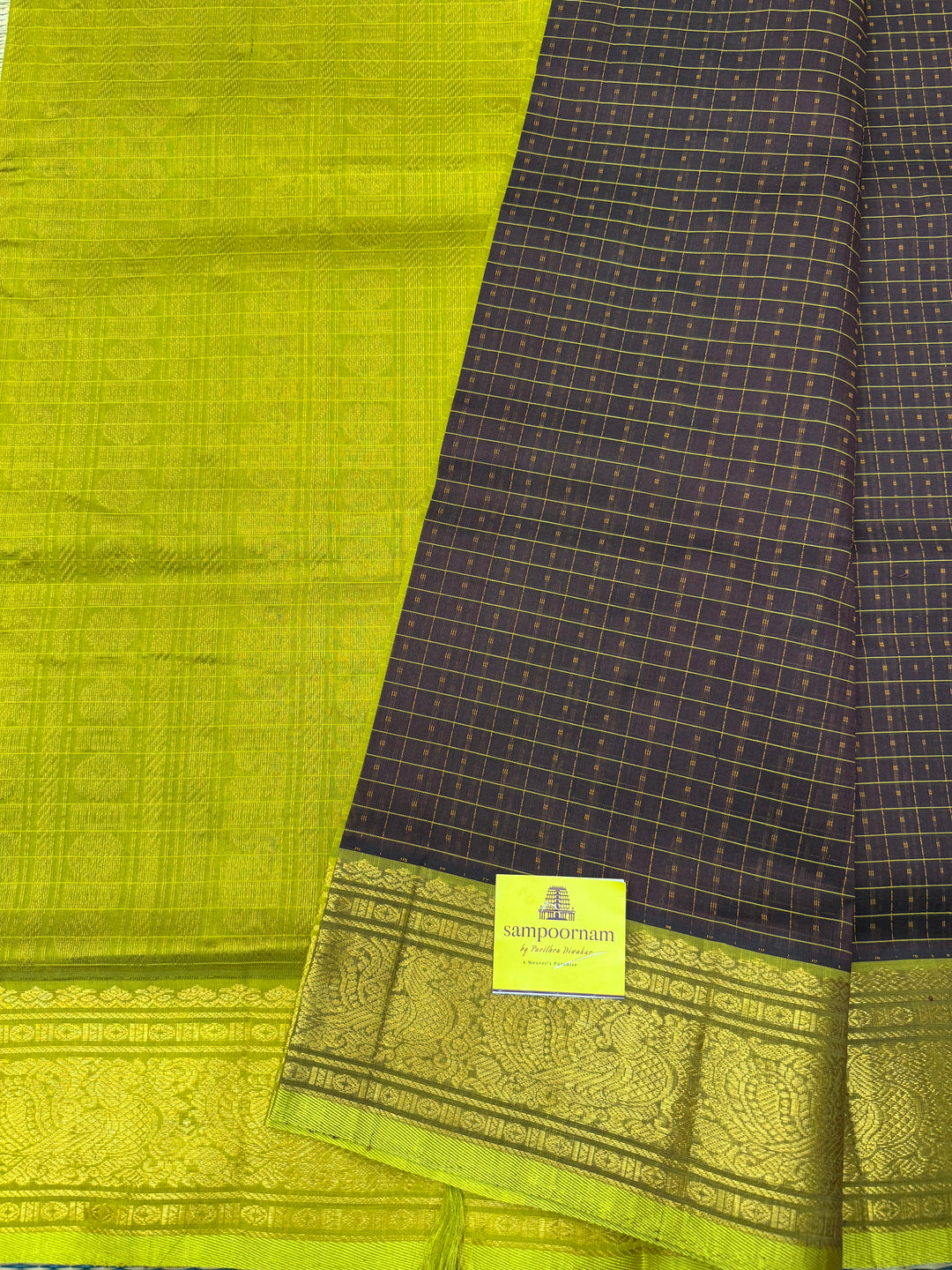 Brown with Lemon Yellow , thread butta in the body , Traditional border and rich Pallu Lakshadeepam Silk Cotton Saree
