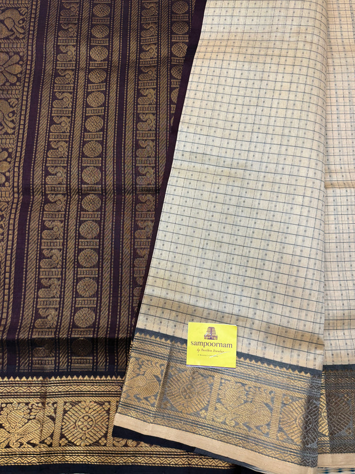 Ivory with Brown , thread butta in the body , Traditional border and rich Pallu Lakshadeepam Silk Cotton Saree