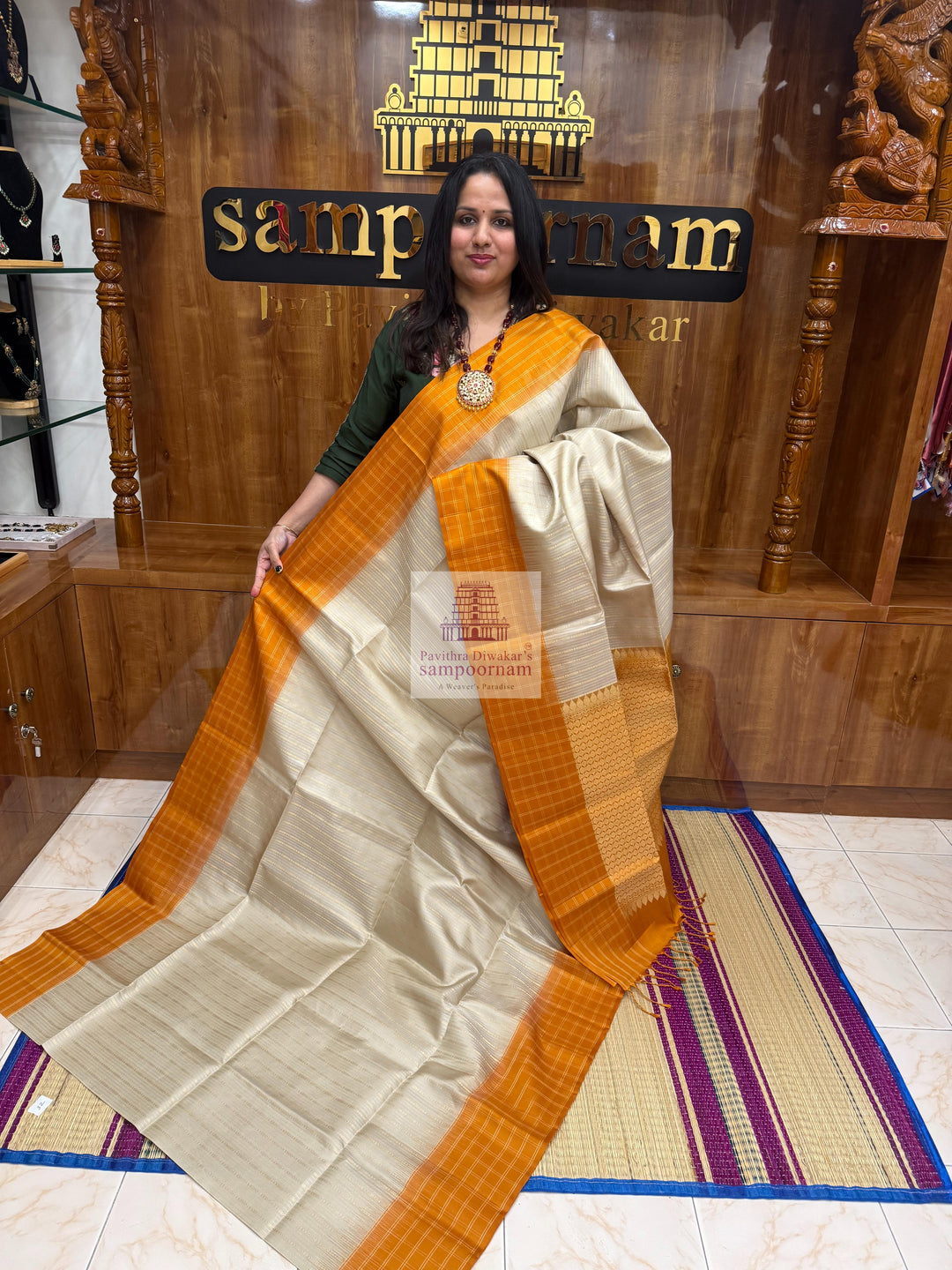 Mustard with Beige , Zari checks in the border , Vertical Gold and Silver lines in the body and rich Pallu Pure Soft Silk Saree