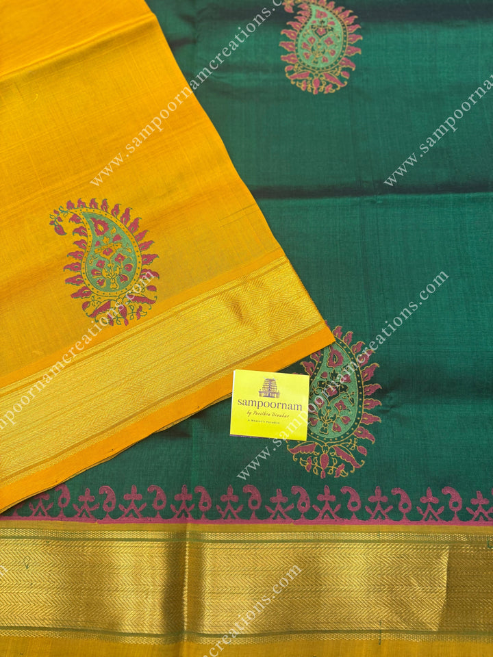 Dark Green with Mustard  , Mango motif in the body  and Rich Pallu Handblock Printed Silk Cotton Saree