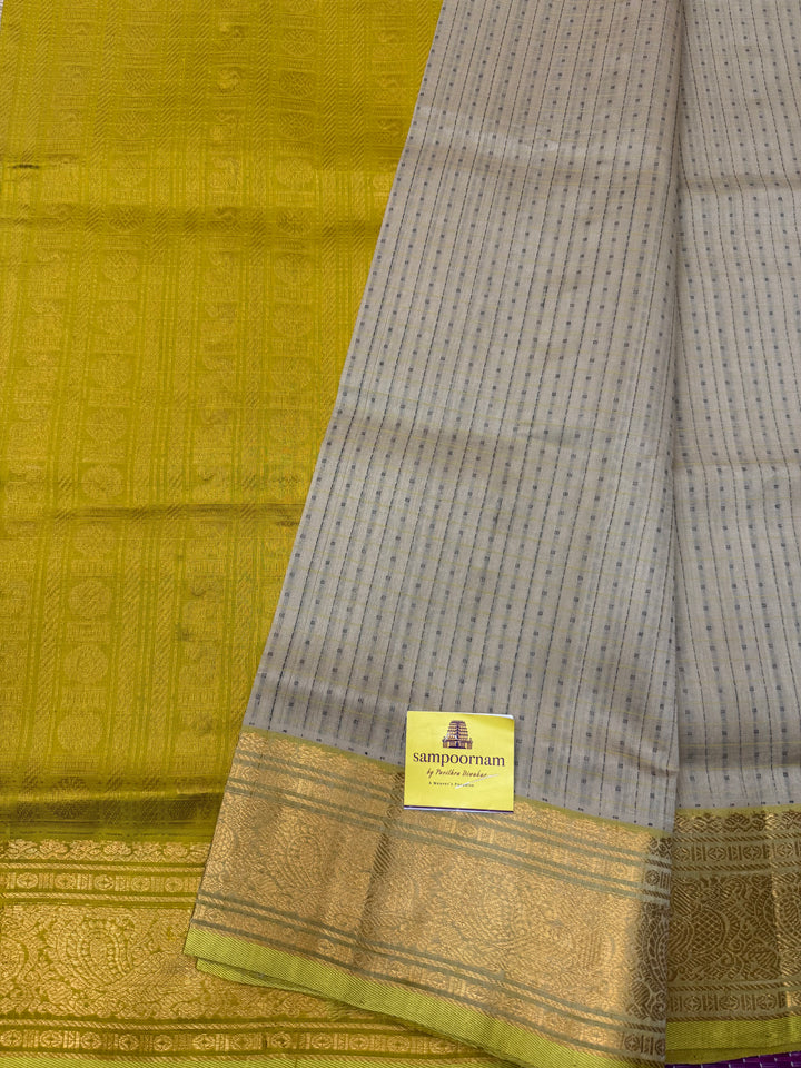 Cream with Lemon Yellow , thread butta in the body , Traditional border and rich Pallu Lakshadeepam Silk Cotton Saree