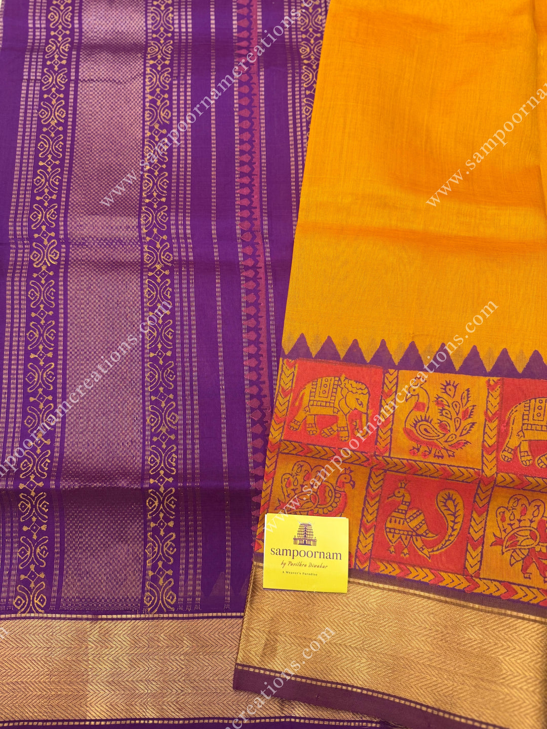 Manjal with Magenta , Elephant border and Tiny Elephant in the body ,  Rich Pallu Handblock Printed Silk Cotton Saree
