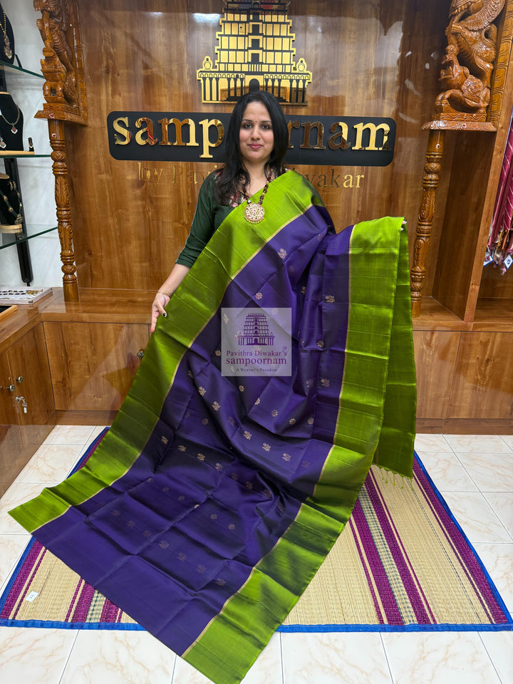 Purple with Olive Green ,  Annam and Floral butta in the body and rich Pallu Pure Soft Silk Saree