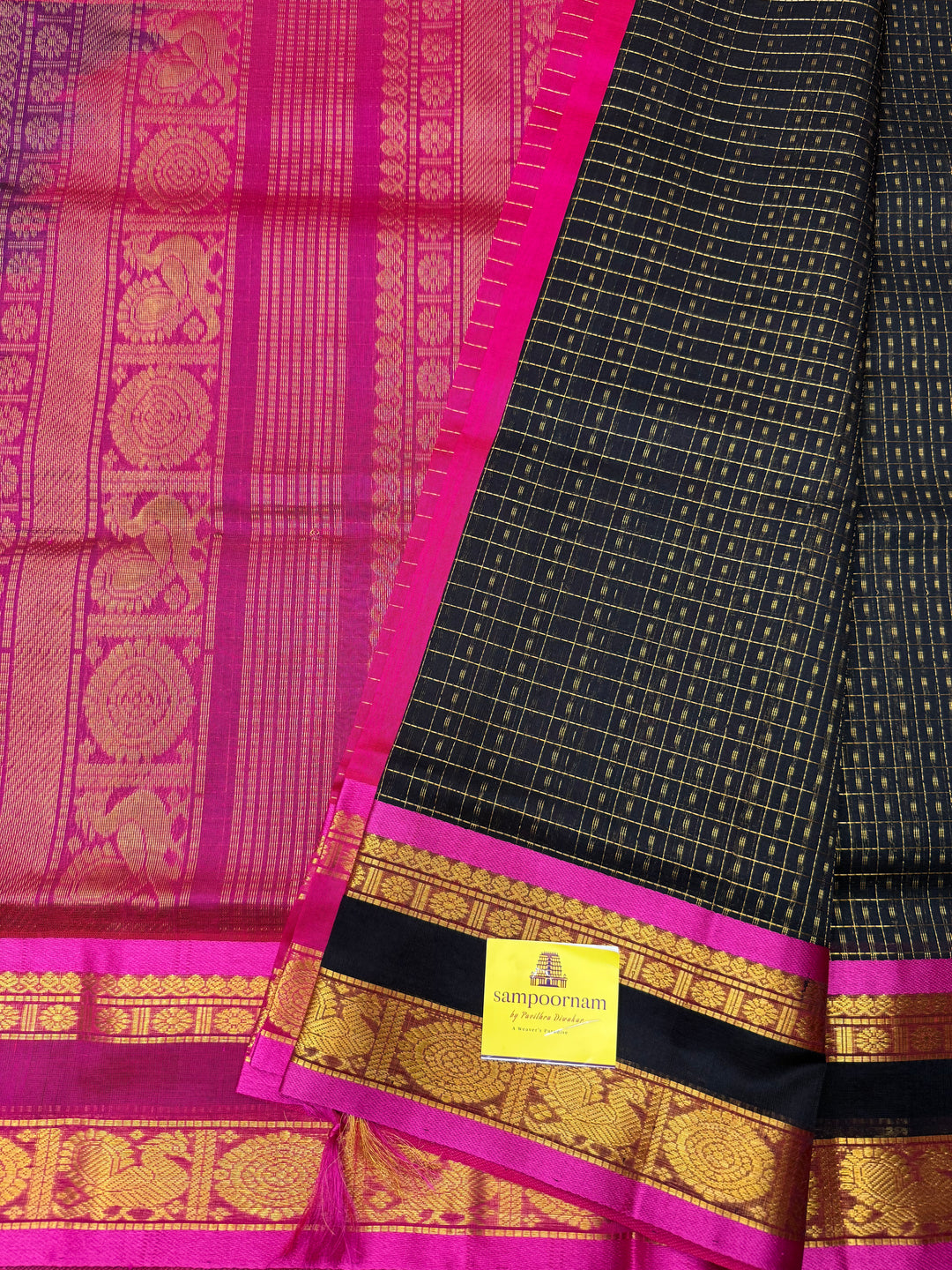 Black with Pink , Zari  butta in the body , rettapet  border and rich Pallu Lakshadeepam Silk Cotton Saree
