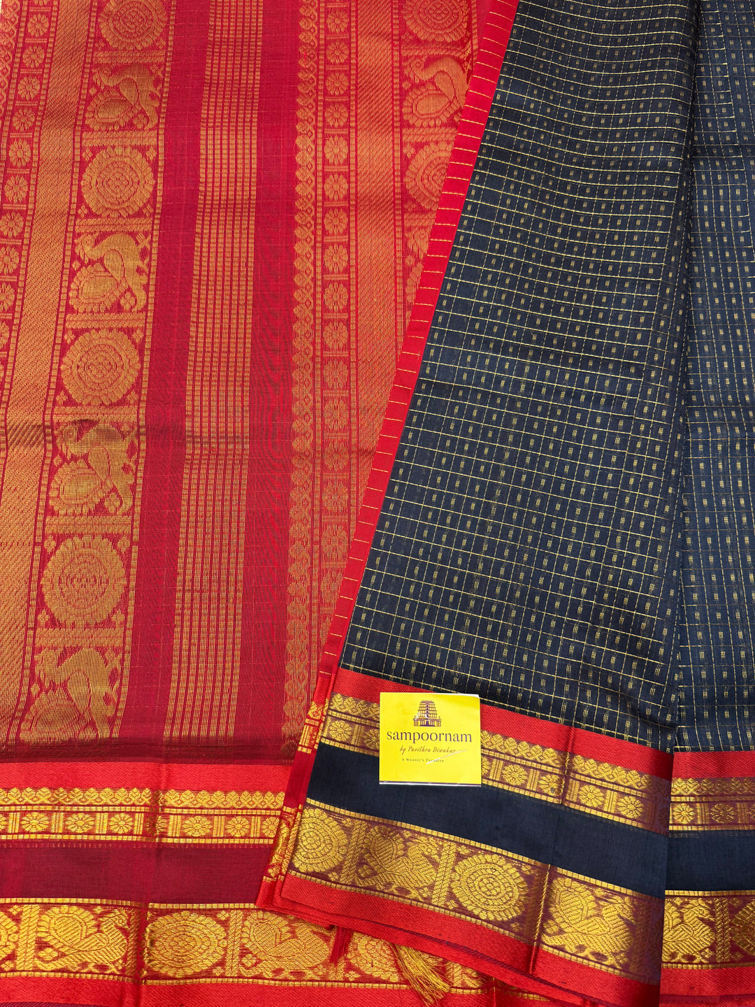 Dark Blue with Red , Zari  butta in the body , rettapet border and rich Pallu Lakshadeepam Silk Cotton Saree