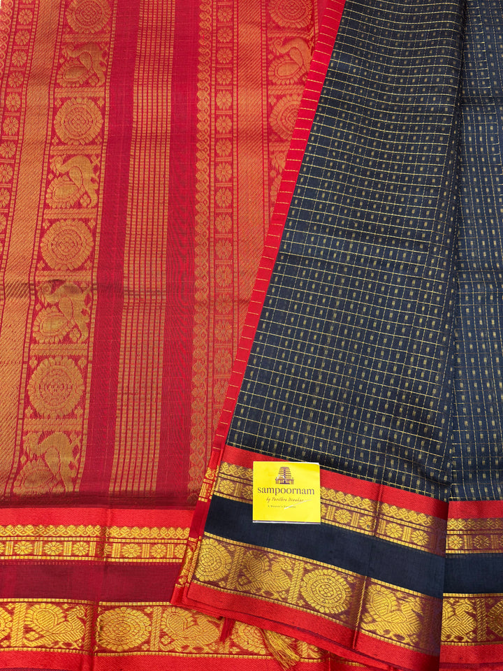 Dark Blue with Red , Zari  butta in the body , rettapet border and rich Pallu Lakshadeepam Silk Cotton Saree