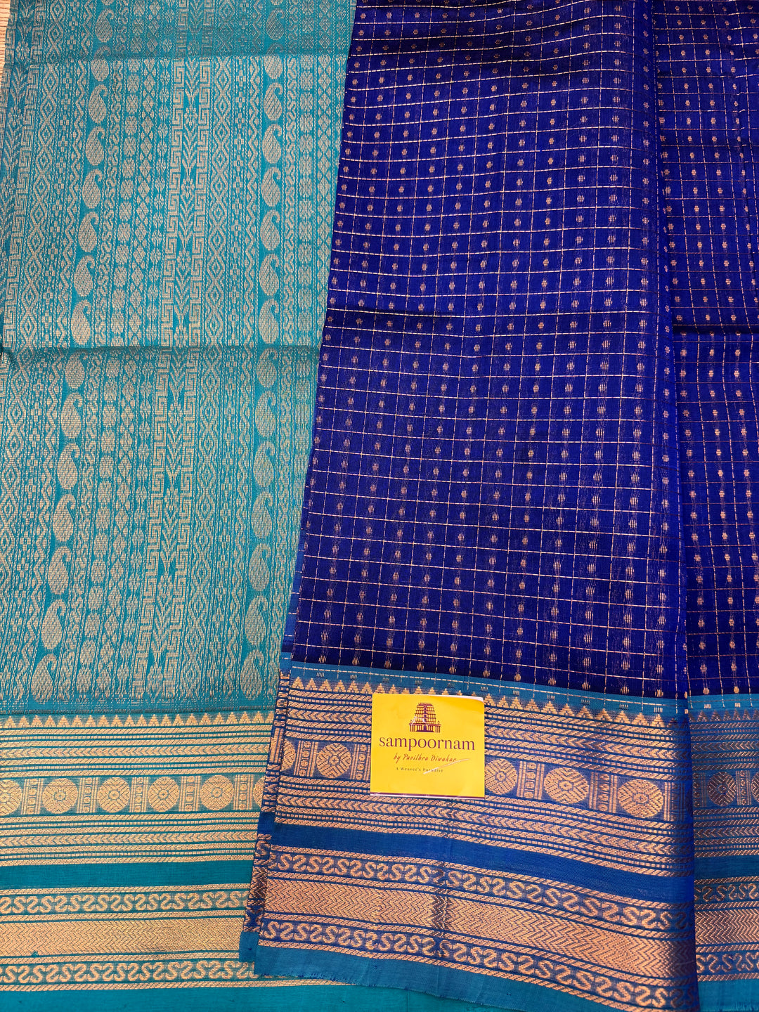 Blue with Turquoise Blue , Zari  butter in the body , Traditional border and rich Pallu Lakshadeepam Silk Cotton Saree