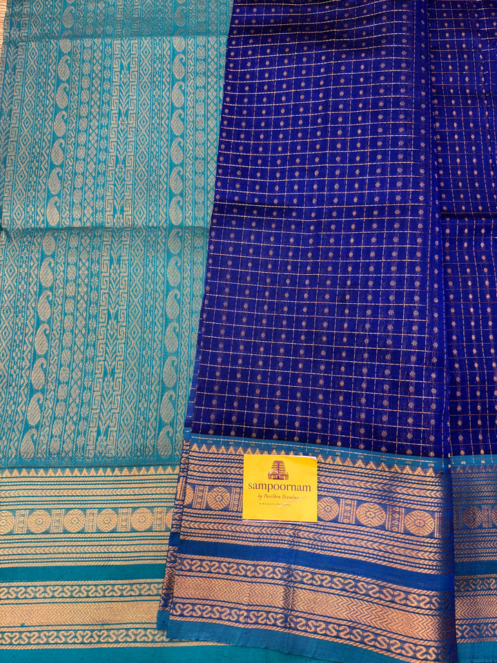 Blue with Turquoise Blue , Zari  butter in the body , Traditional border and rich Pallu Lakshadeepam Silk Cotton Saree