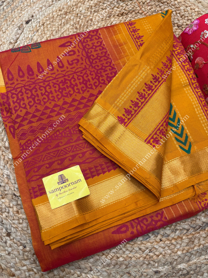 Rust Orange with Mustard  , Mayil motif in the body  and Rich Pallu Handblock Printed Silk Cotton Saree
