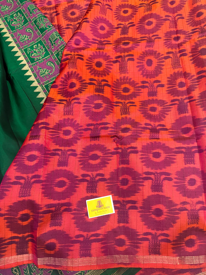Green with Reddish Orange , annam and elephant , Handblock printed borders , Pochampalli Pallu and blouse , pure soft silk saree