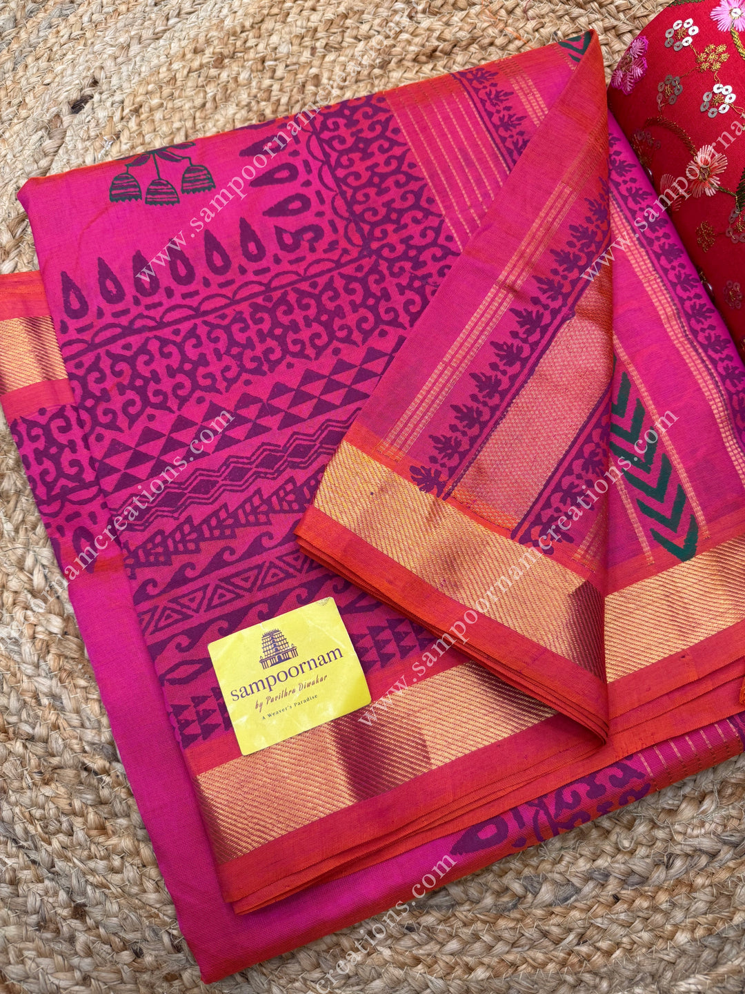 Rani Pink  , Mango motif in the body  and Rich Pallu Handblock Printed Silk Cotton Saree