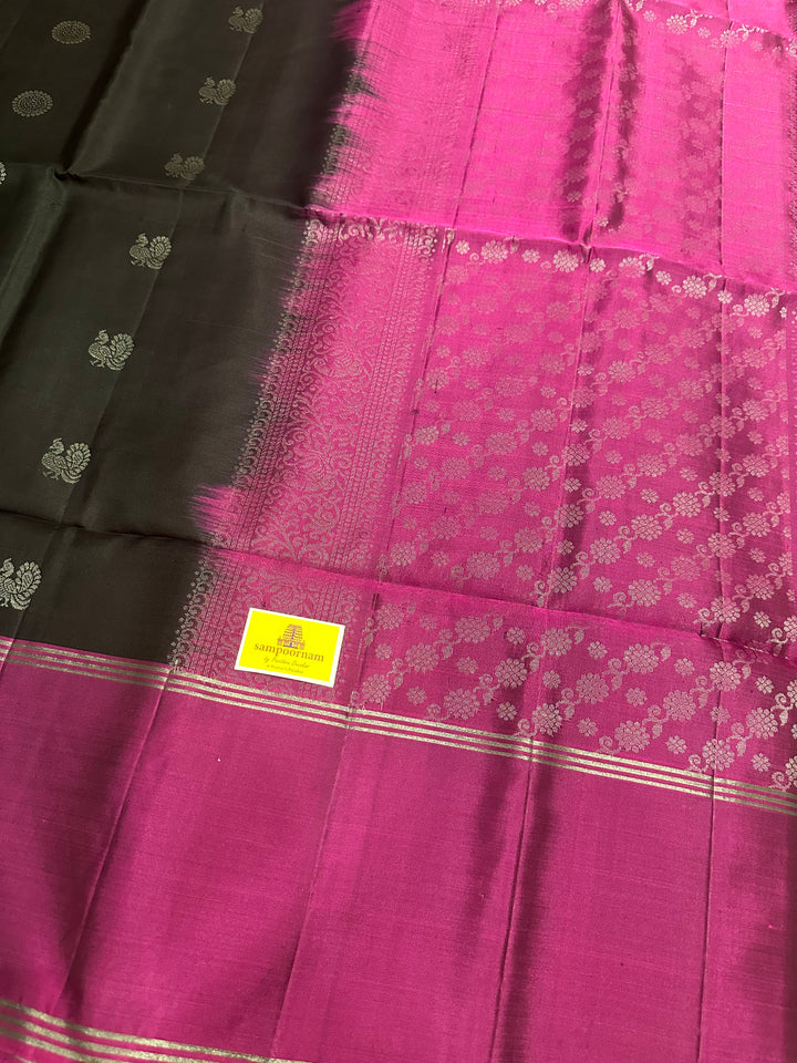 Black With Magenta , Annam and Rudraksh Silver Butta in Body , Rich Pallu Pure Soft Silk Saree