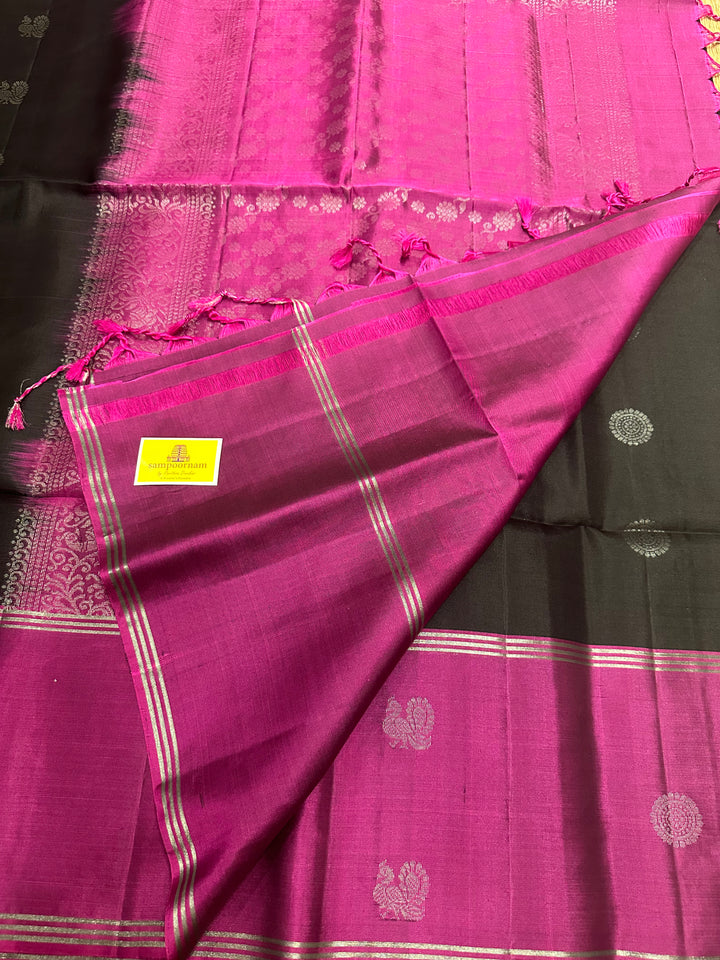 Black With Magenta , Annam and Rudraksh Silver Butta in Body , Rich Pallu Pure Soft Silk Saree