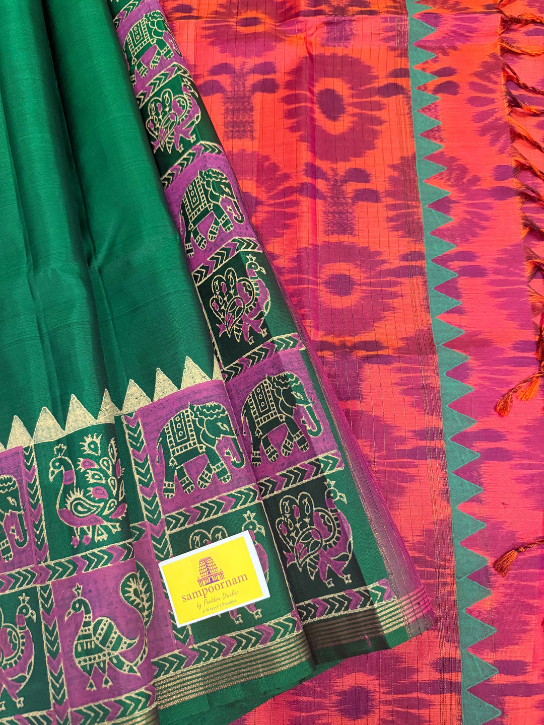 Green with Reddish Orange , annam and elephant , Handblock printed borders , Pochampalli Pallu and blouse , pure soft silk saree