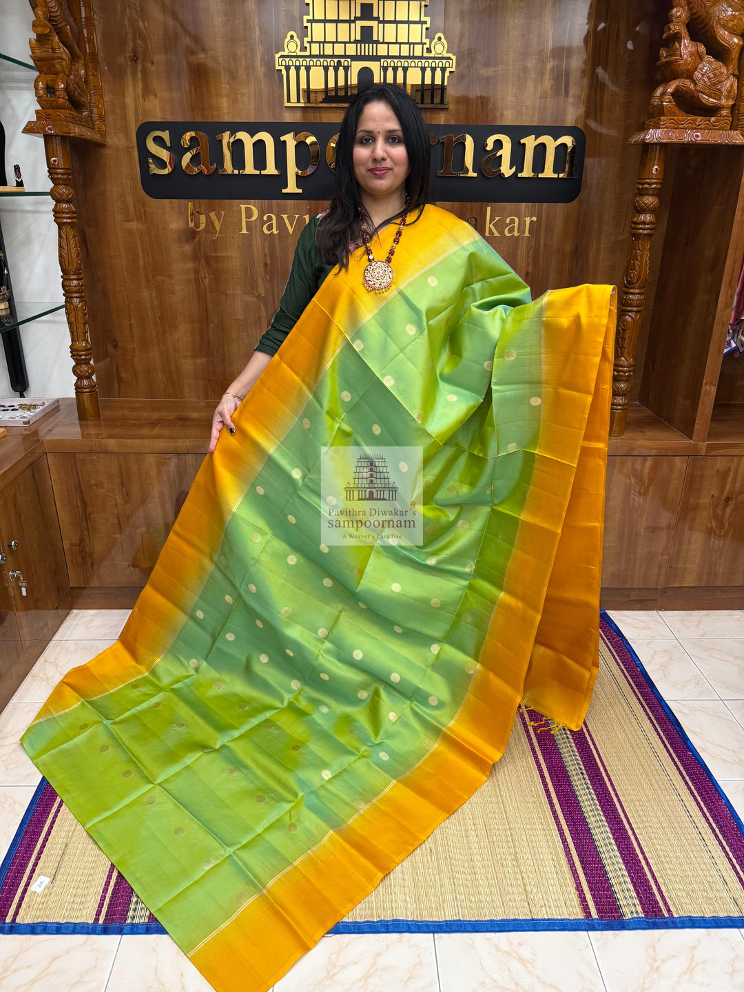 Pastel Green with Mustard ,  Vairaoosi lines in the border , Annam and Chakram butta in the body and rich Pallu Pure Soft Silk Saree