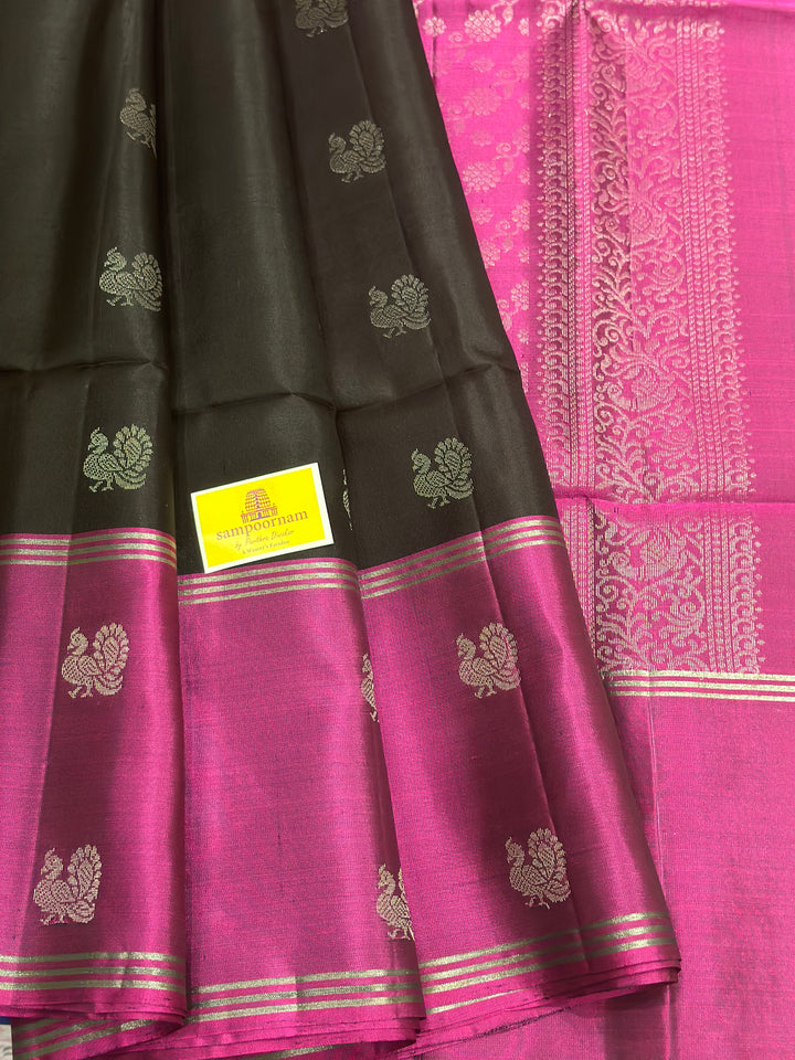 Black With Magenta , Annam and Rudraksh Silver Butta in Body , Rich Pallu Pure Soft Silk Saree