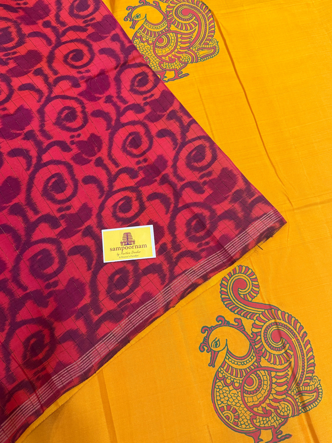 Yellow with Reddish Orange , annam Handblock print in the body , Pochampalli Pallu and Blouse  , pure soft silk saree