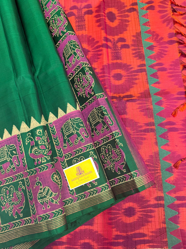 Green with Reddish Orange , annam and elephant , Handblock printed borders , Pochampalli Pallu and blouse , pure soft silk saree