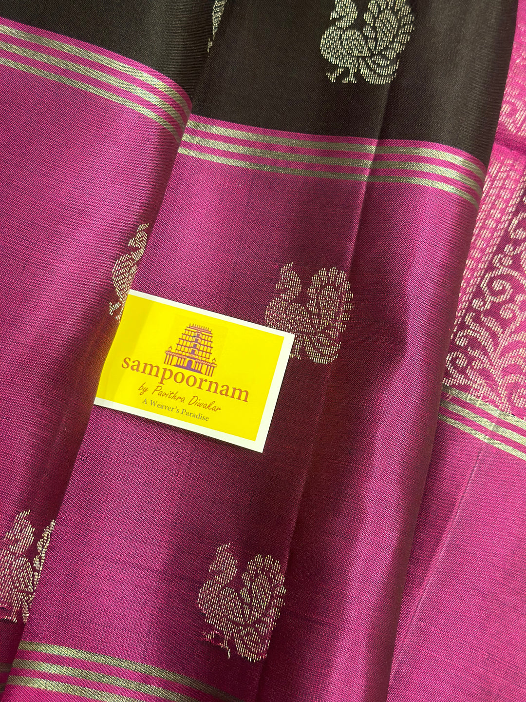 Black With Magenta , Annam and Rudraksh Silver Butta in Body , Rich Pallu Pure Soft Silk Saree