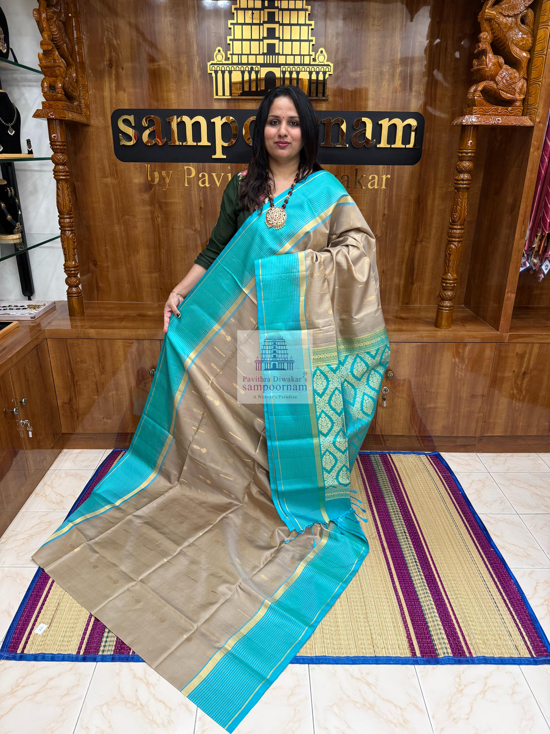 Dark Beige with Turquoise Blue , Zari lines in the border and Zari butta in the body  and rich Pallu Pure Soft Silk Saree