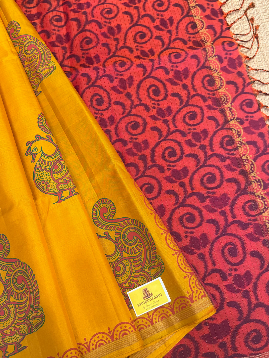 Yellow with Reddish Orange , annam Handblock print in the body , Pochampalli Pallu and Blouse  , pure soft silk saree
