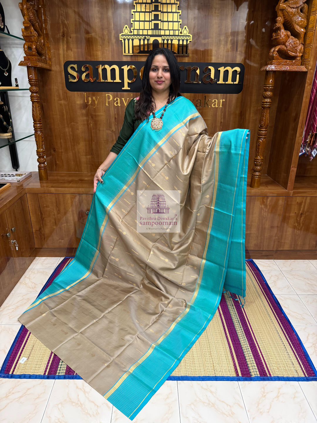 Dark Beige with Turquoise Blue , Zari lines in the border and Zari butta in the body  and rich Pallu Pure Soft Silk Saree