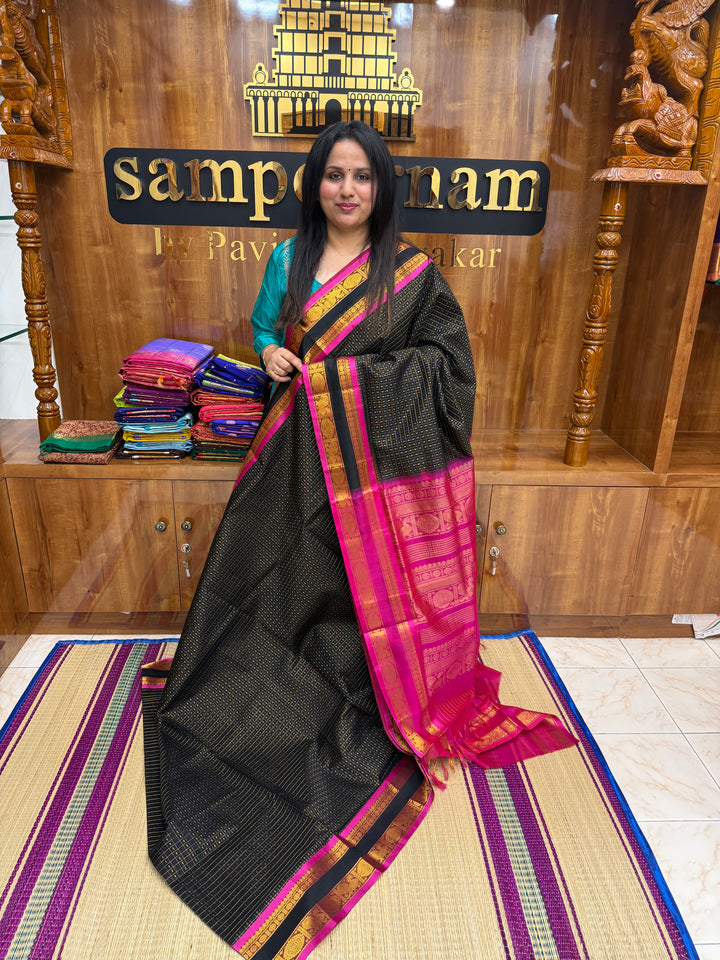 Black with Pink , Zari  butta in the body , rettapet  border and rich Pallu Lakshadeepam Silk Cotton Saree