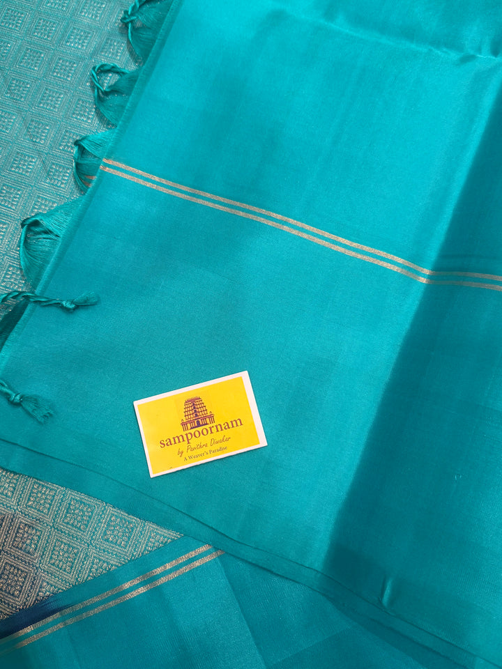 Dark Blue with Light Blue , rich zari rudraksh butta in the body and  grand Pallu , pure soft silk saree