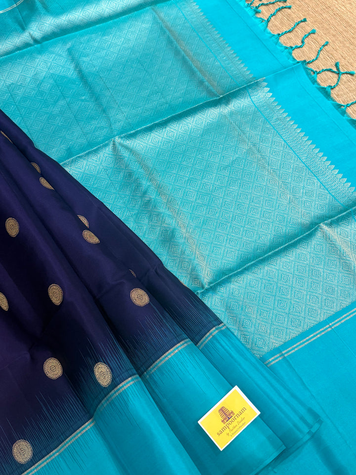 Dark Blue with Light Blue , rich zari rudraksh butta in the body and  grand Pallu , pure soft silk saree