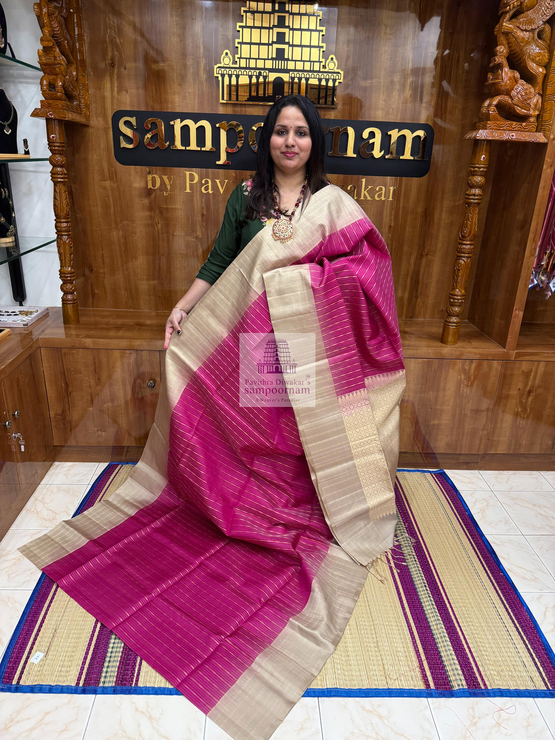 Rani Pink with Beige , Zari checks in the border , Vertical Gold and Silver lines in the body and rich Pallu Pure Soft Silk Saree