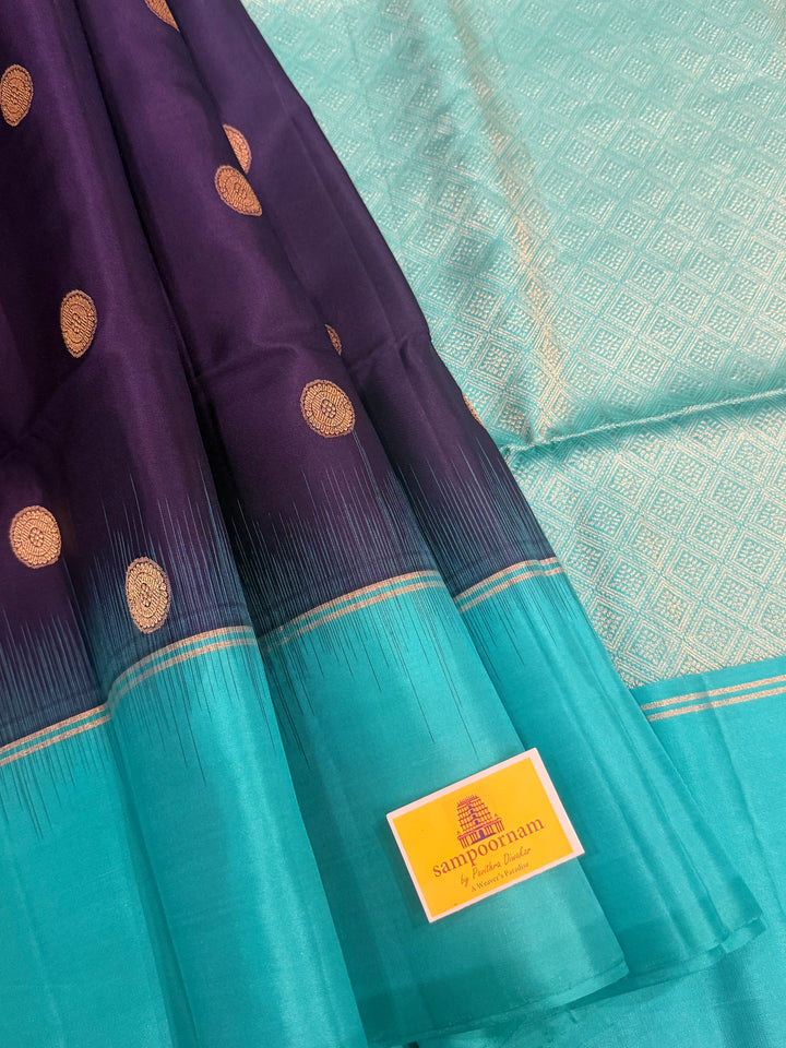 Dark Blue with Light Blue , rich zari rudraksh butta in the body and  grand Pallu , pure soft silk saree