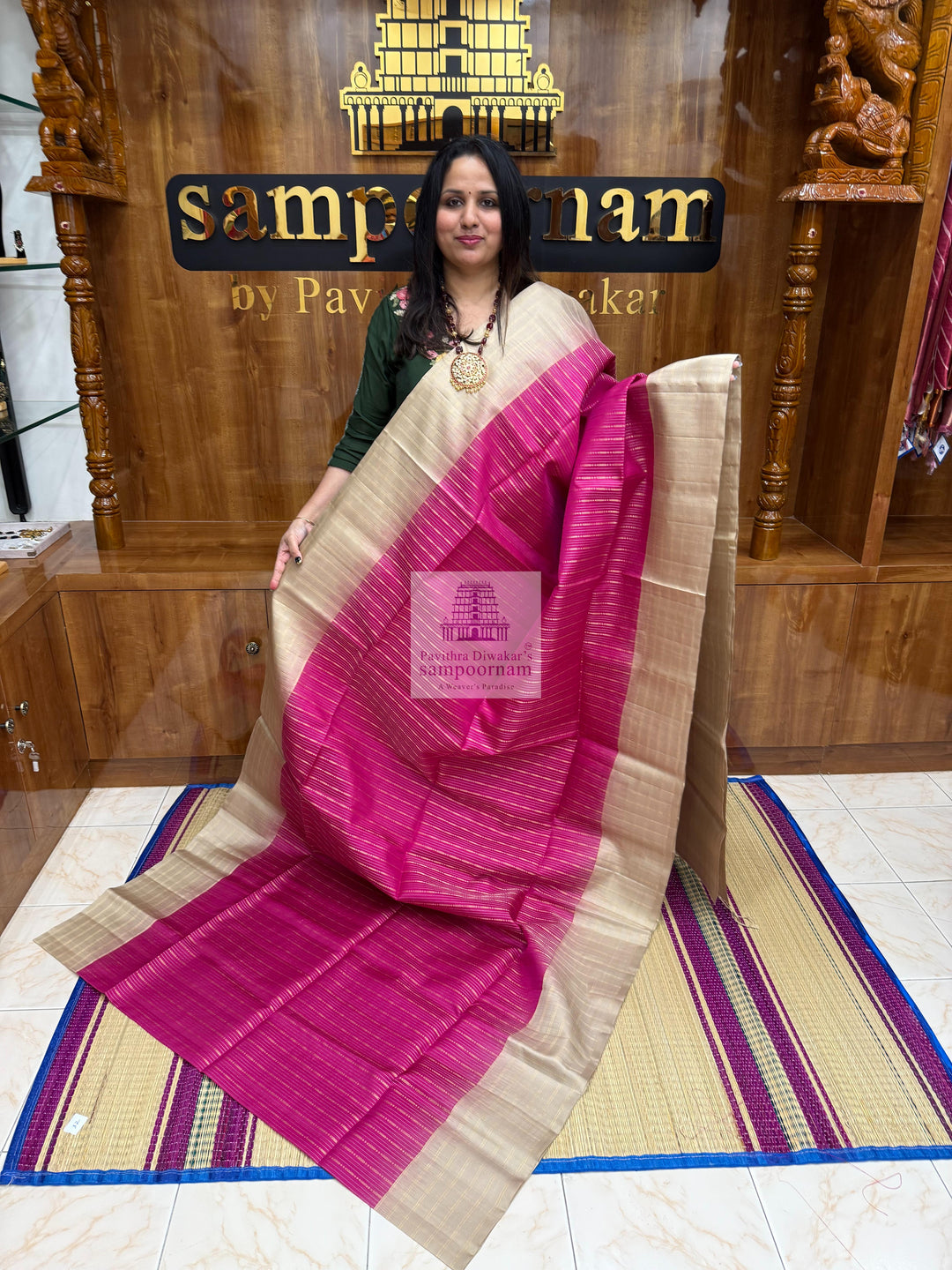 Rani Pink with Beige , Zari checks in the border , Vertical Gold and Silver lines in the body and rich Pallu Pure Soft Silk Saree