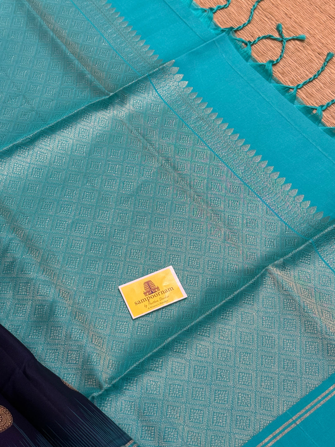 Dark Blue with Light Blue , rich zari rudraksh butta in the body and  grand Pallu , pure soft silk saree