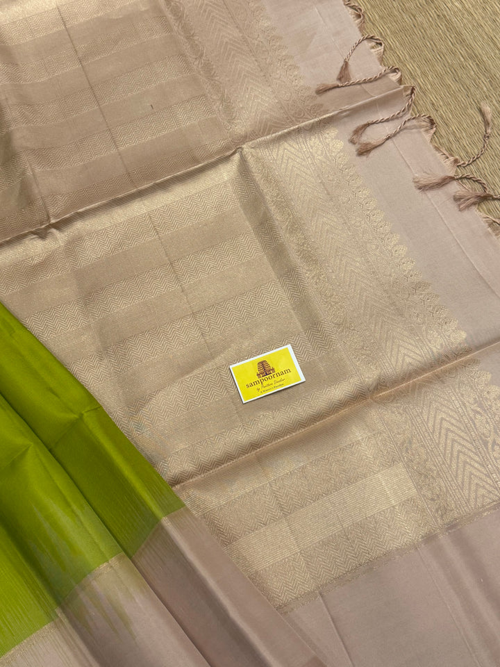 Light Green with Beige rich zari butta in the body , plain borders and rich Pallu , pure soft silk saree