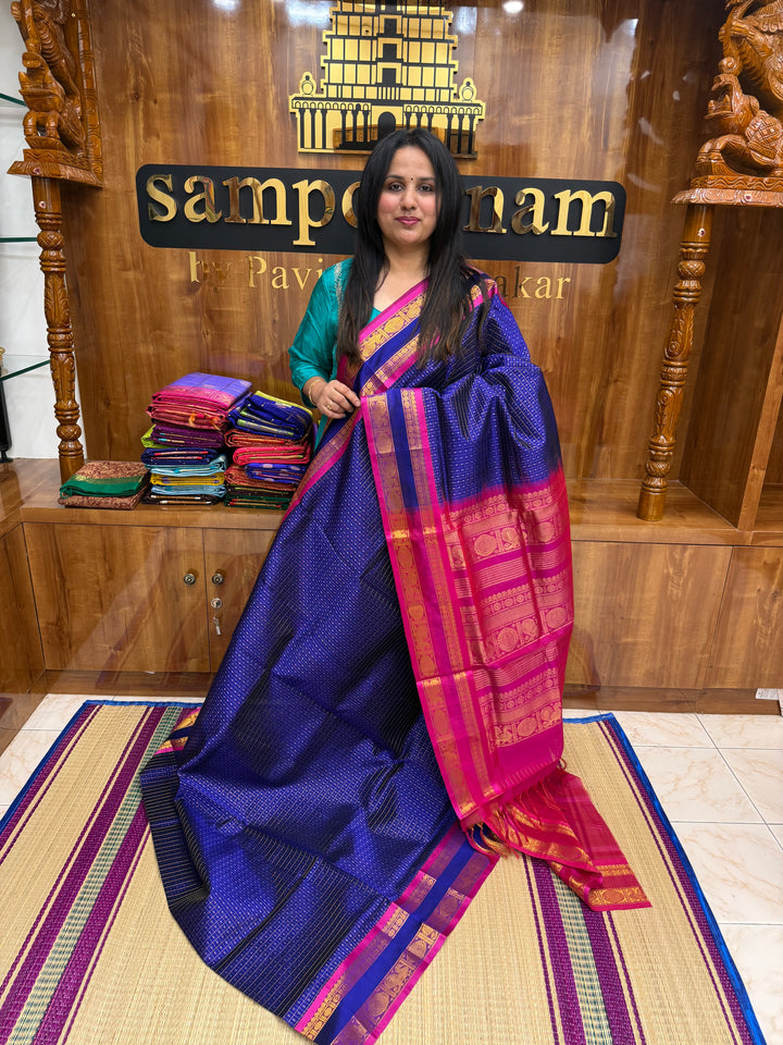MS Blue with Pink , Zari  butta in the body , rettapet  border and rich Pallu Lakshadeepam Silk Cotton Saree