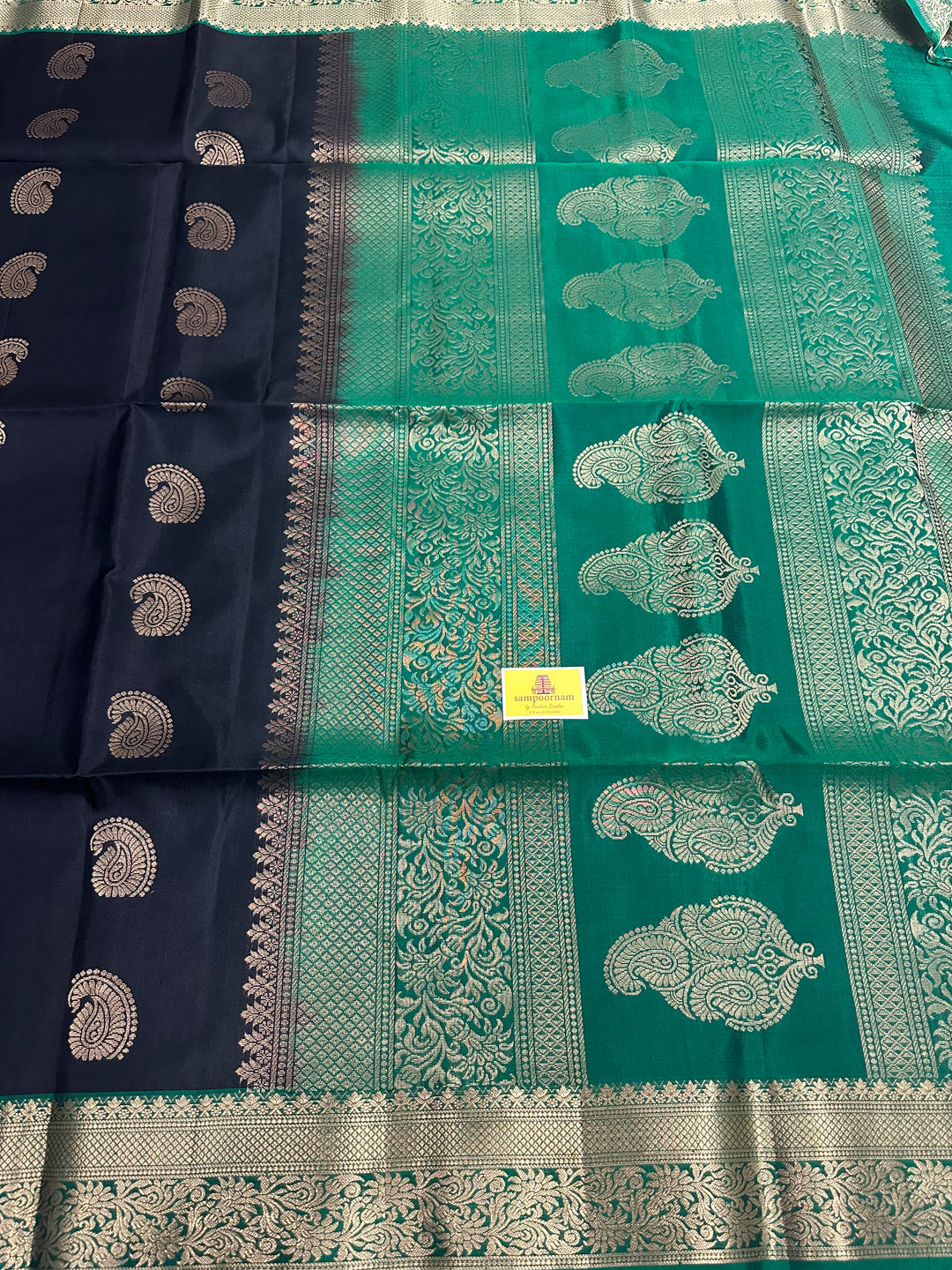 Black with Green, Rich Mango Butta in Body, Rich Border and Pallu Pure Soft Silk Saree