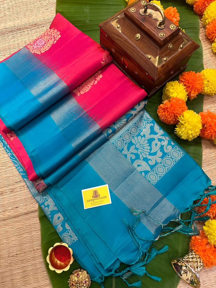 Pinkish red with Mango Zari Motif and Turquoise Blue Rich Pallu Pure Soft Silk Saree