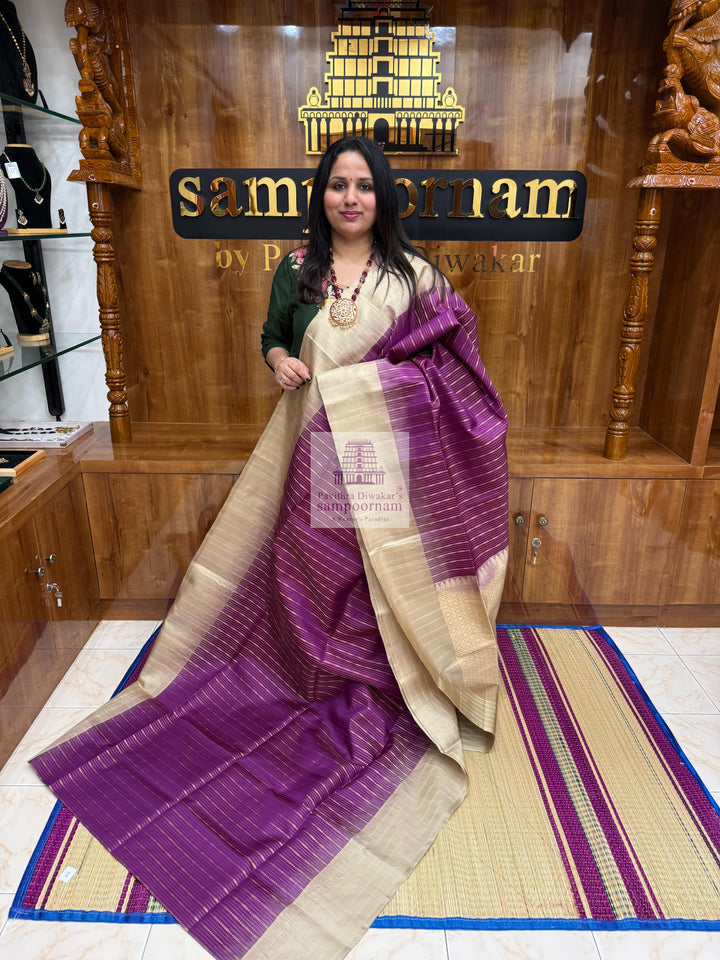 Vadamalli with Beige , Zari checks in the border , Vertical Gold and Silver lines in the body and rich Pallu Pure Soft Silk Saree