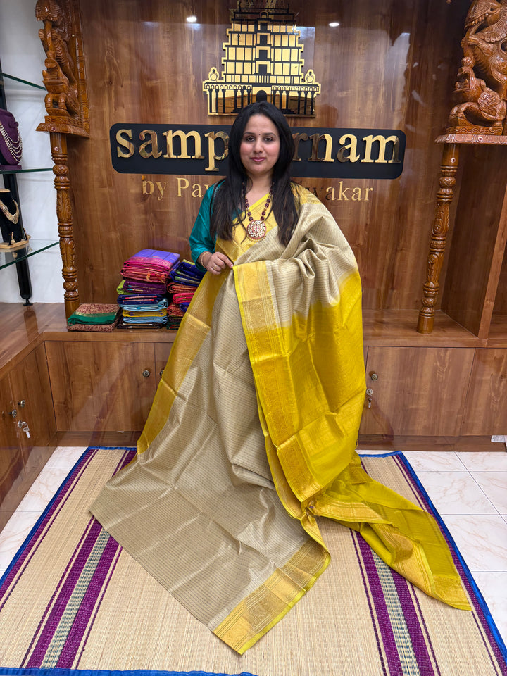 Cream with Lemon Yellow , thread butta in the body , Traditional border and rich Pallu Lakshadeepam Silk Cotton Saree