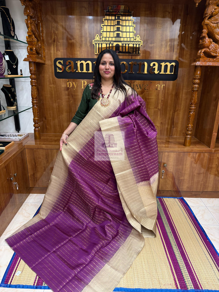 Vadamalli with Beige , Zari checks in the border , Vertical Gold and Silver lines in the body and rich Pallu Pure Soft Silk Saree