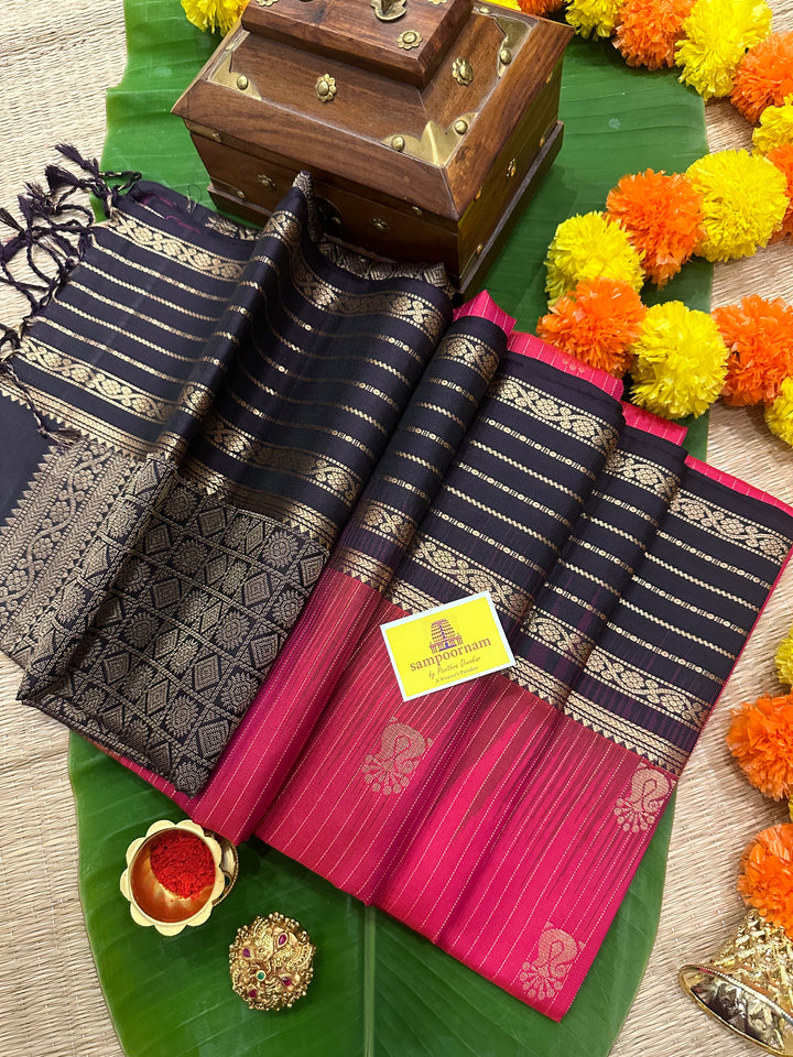 Pinkish Red  with Dark Coffee Brown, Rettapet Border- Zari Motif and Zari Lines on the body , Rich Pallu  Pure Soft Silk Saree