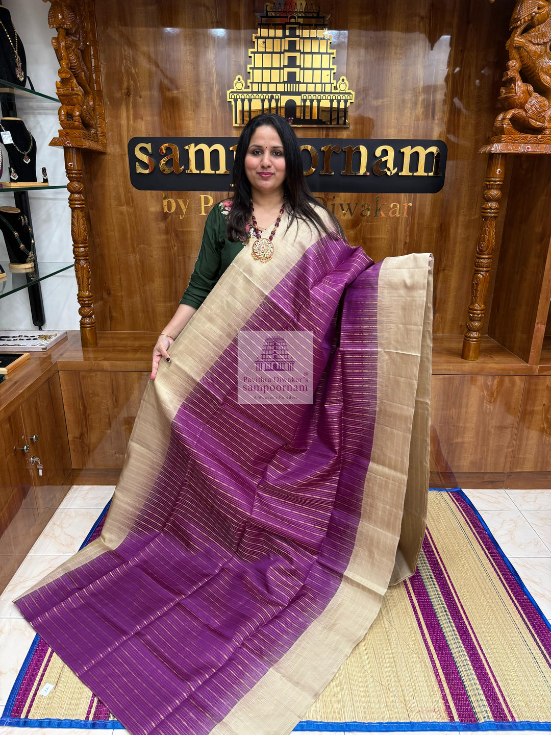 Vadamalli with Beige , Zari checks in the border , Vertical Gold and Silver lines in the body and rich Pallu Pure Soft Silk Saree
