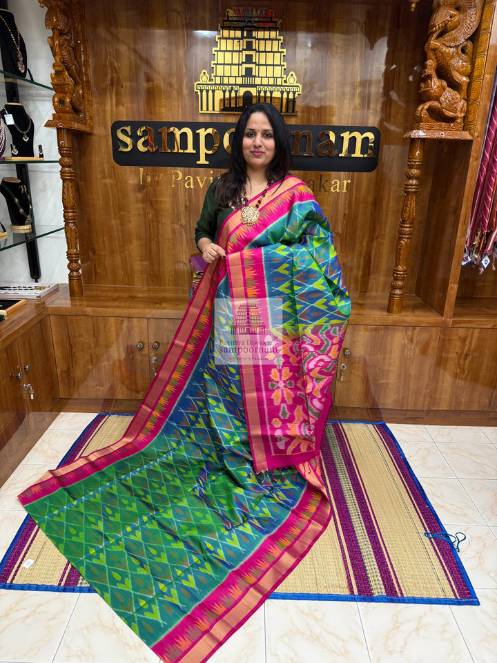 Mayilkazhuthu Blue with Pink , Pochampally designs in the body  and grand  Pallu Pure Soft Silk Saree