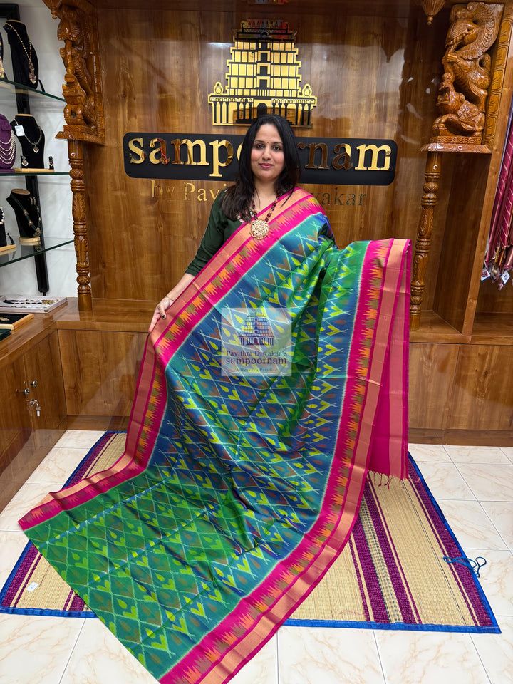 Mayilkazhuthu Blue with Pink , Pochampally designs in the body  and grand  Pallu Pure Soft Silk Saree