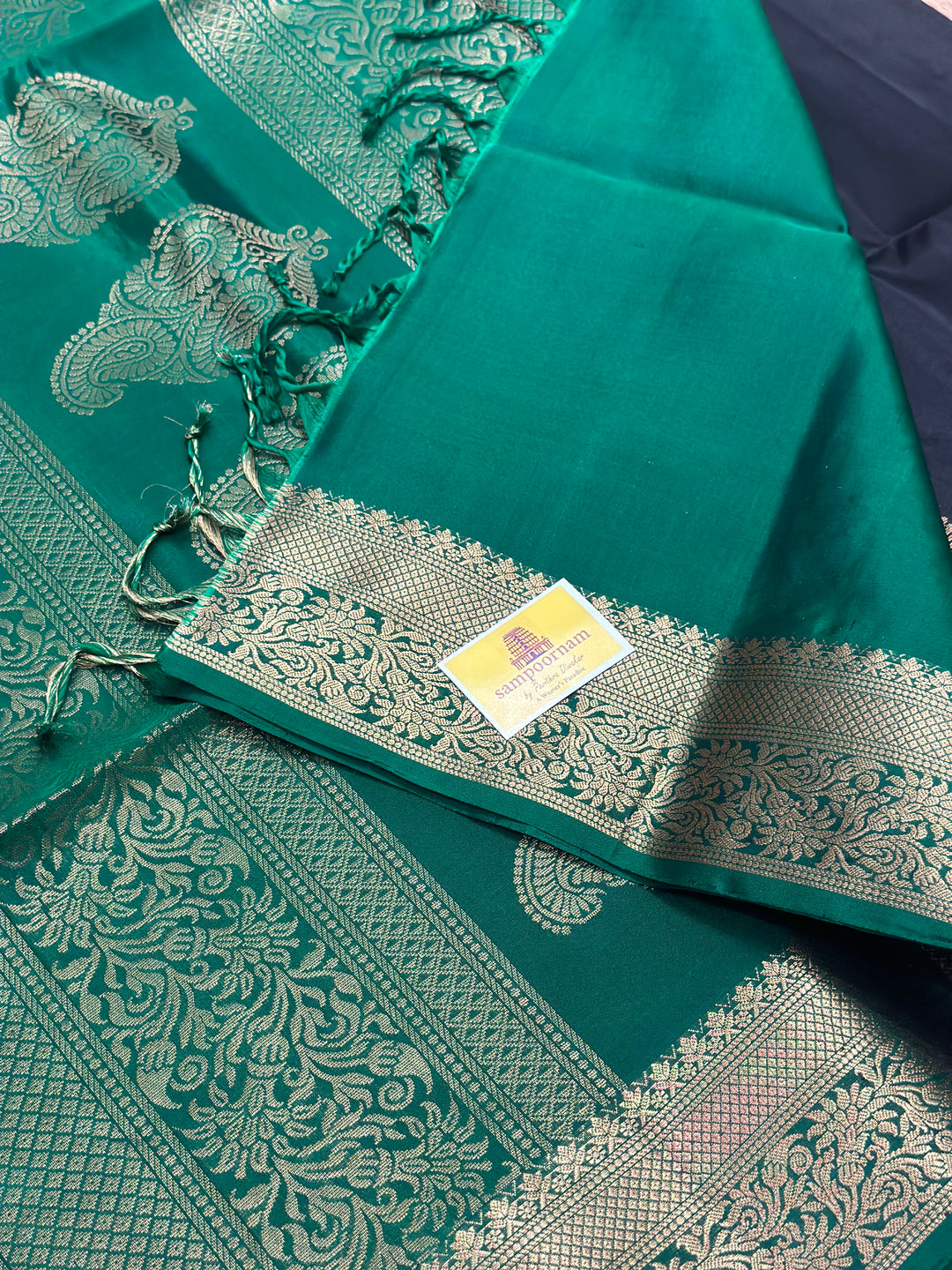 Black with Green, Rich Mango Butta in Body, Rich Border and Pallu Pure Soft Silk Saree